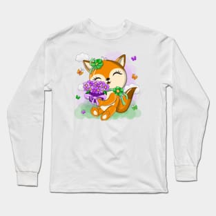 Cute orange fox with a bouquet of flowers Long Sleeve T-Shirt